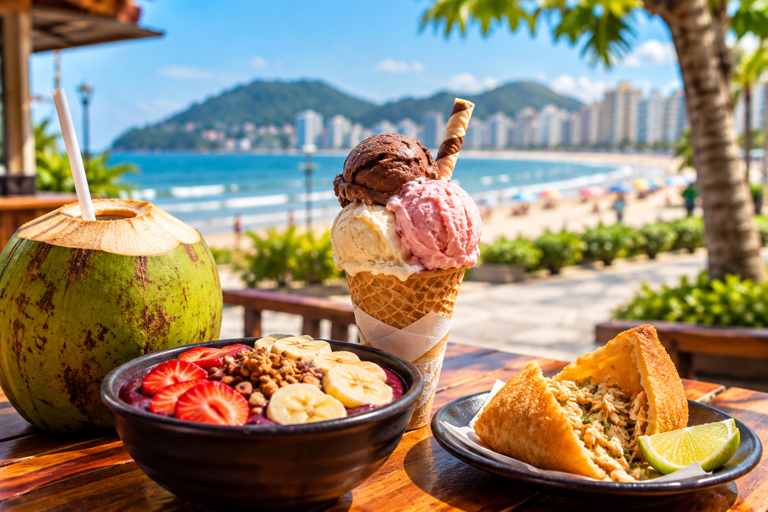 Açaí, sorvete, água de coco e pastel em quiosque na orla de Santos